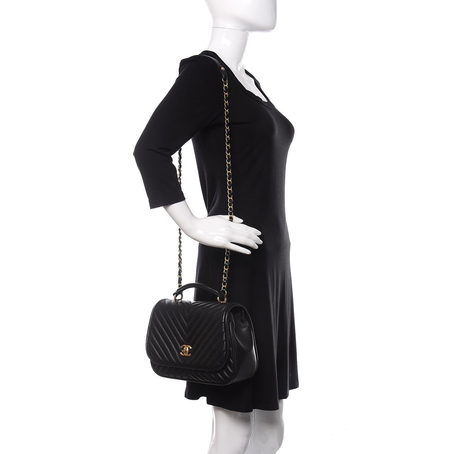 Lambskin Reverse Chevron Quilted Round Top Handle Flap Black