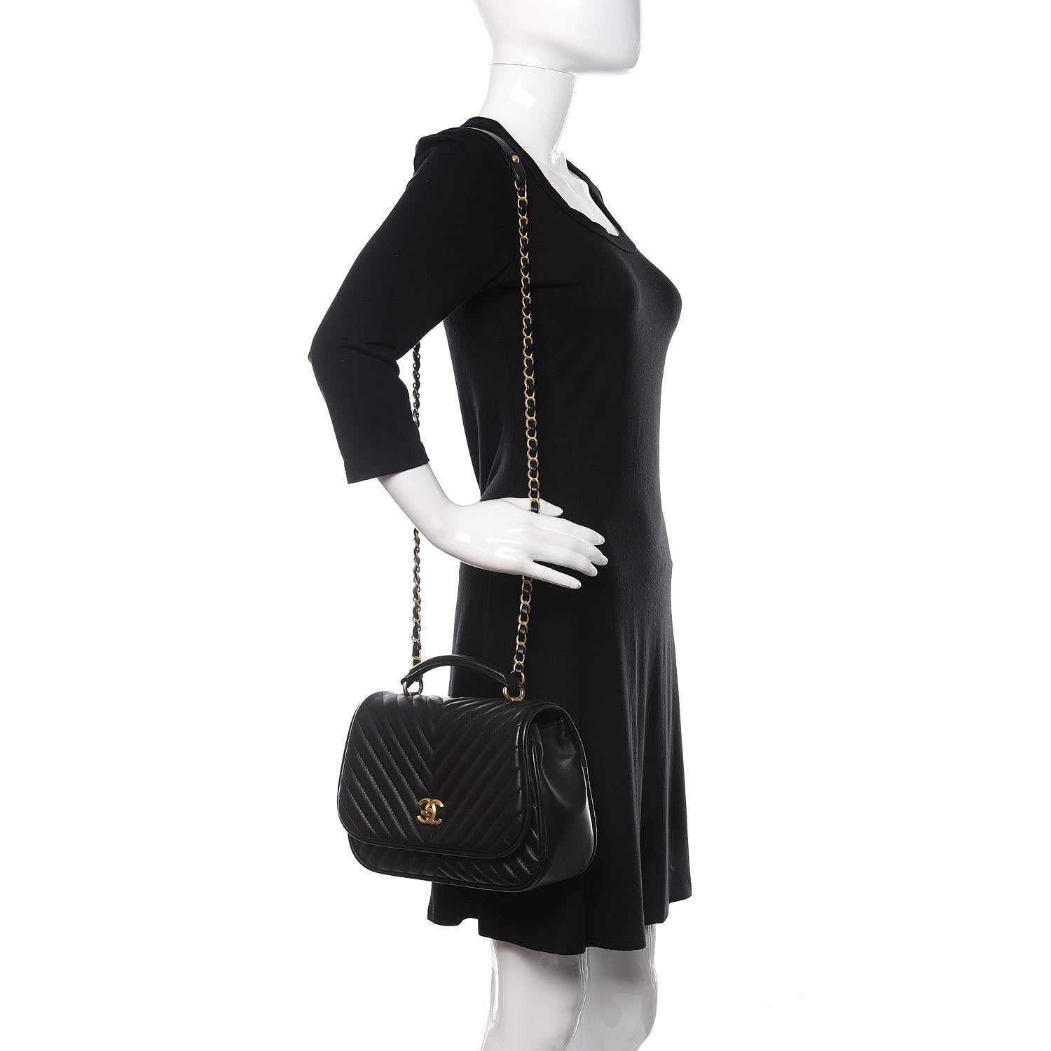 Chanel Lambskin Reverse Chevron Quilted Round Top Handle Flap Black 2 of 10