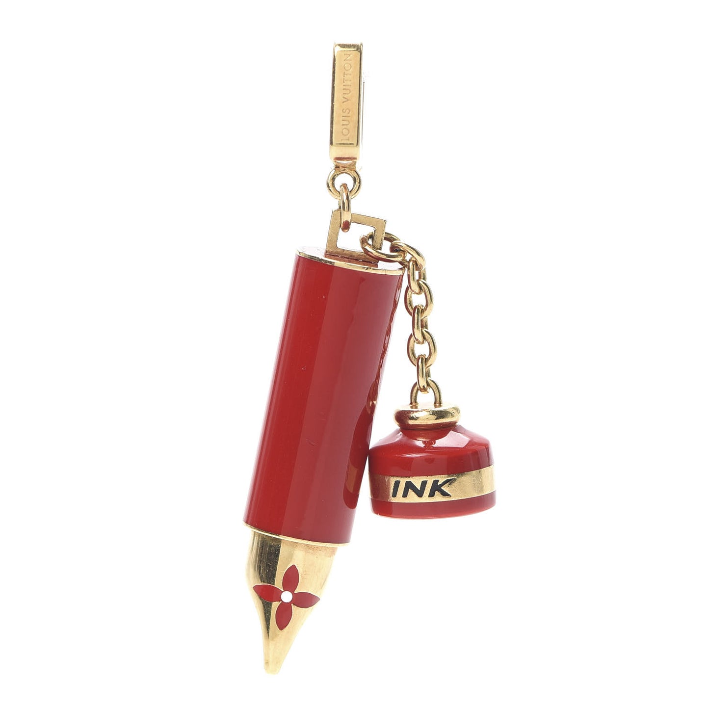 18K Yellow Gold Enamel LV Fountain Pen Charm Red