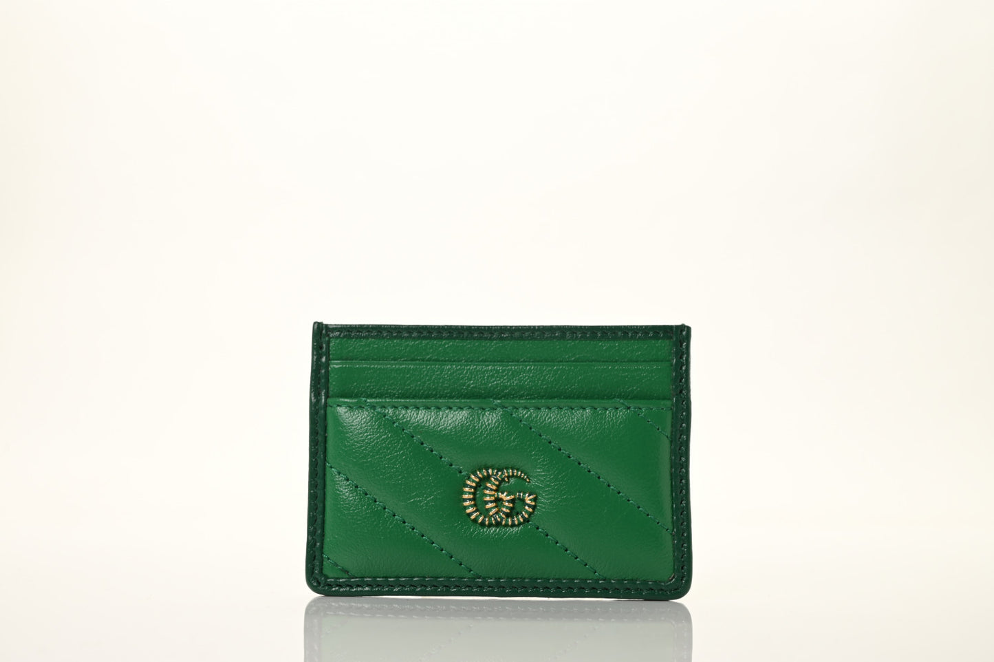 Azalea Calfskin Enamel Matelasse Diagonal Torchon GG Marmont Card Holder New Shamarock Emerald