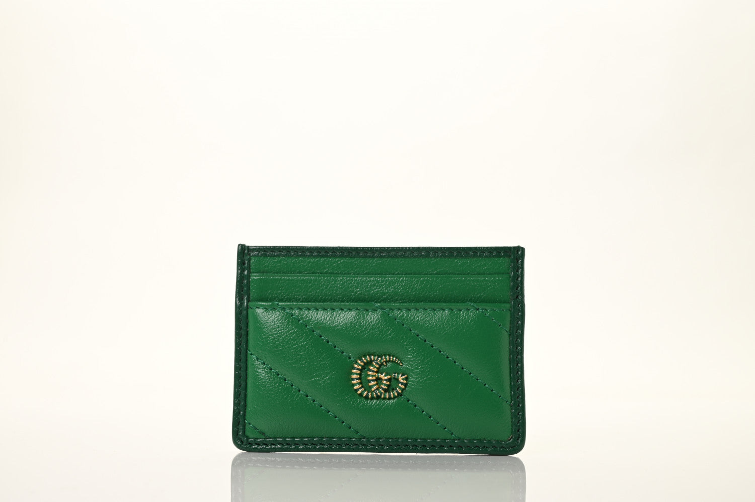 Gucci Azalea Calfskin Enamel Matelasse Diagonal Torchon GG Marmont Card Holder New Shamarock Emerald 2 of 18