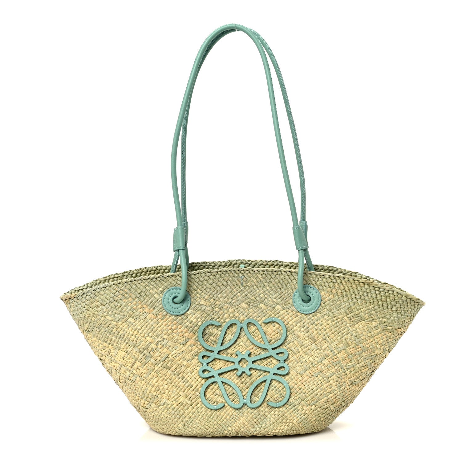 Loewe Calfskin Raffia Small Anagram Basket Tote Bag Natural Fresh Mint 1 of 10