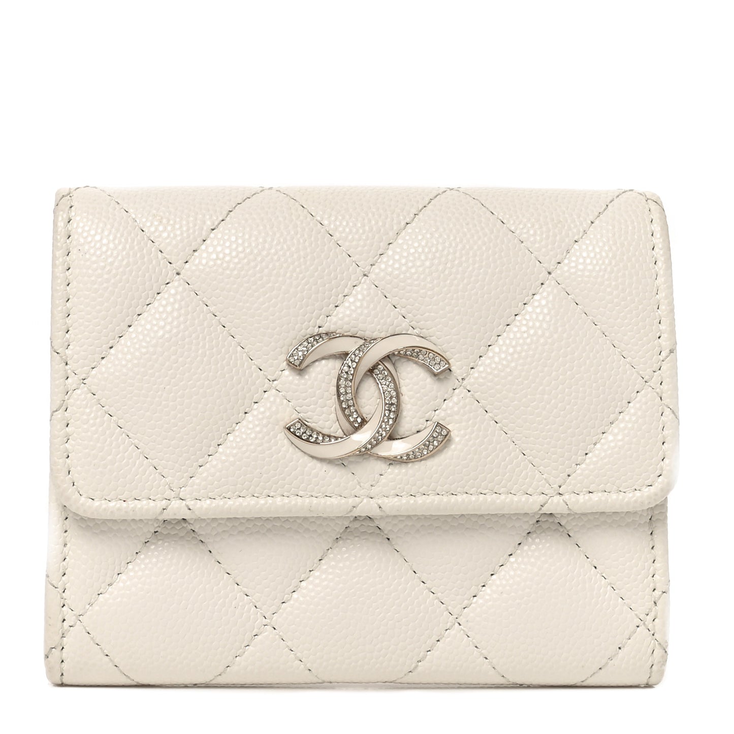 Caviar Quilted Crystal Enamel CC Flap Card Holder White