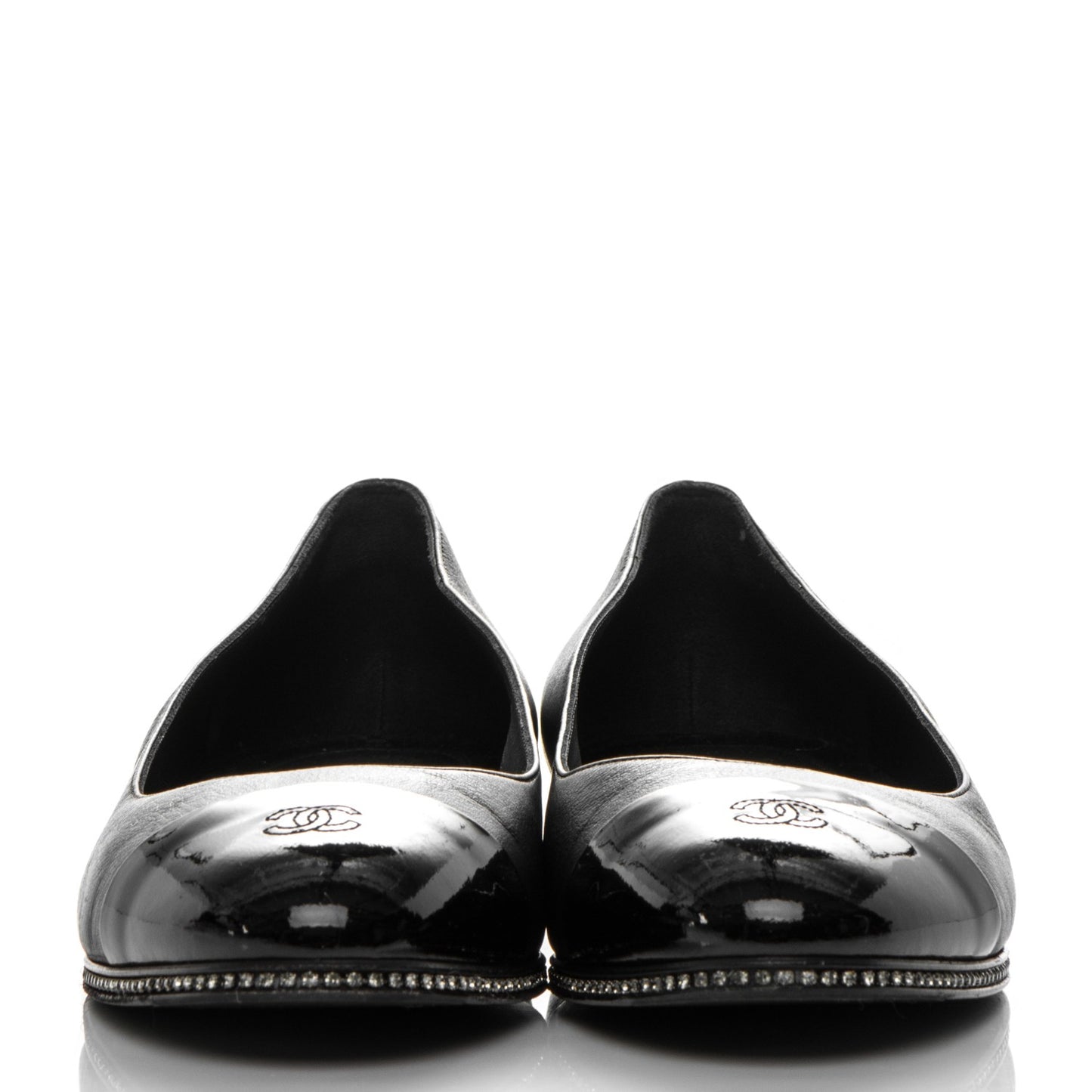 Patent Lambskin Crystal CC Cap Toe Ballerina Flats 39 Black