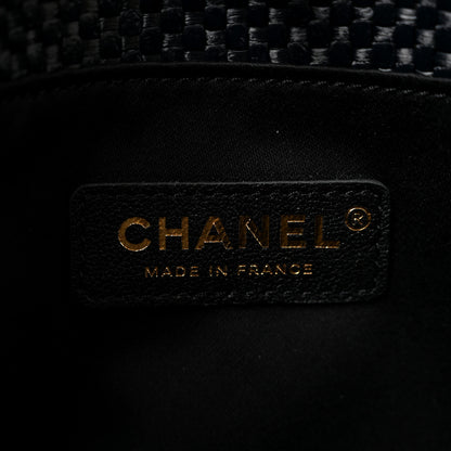 Chanel Braided Raffia Calfskin Stitched Small Shopping Tote Black White 5 of 10