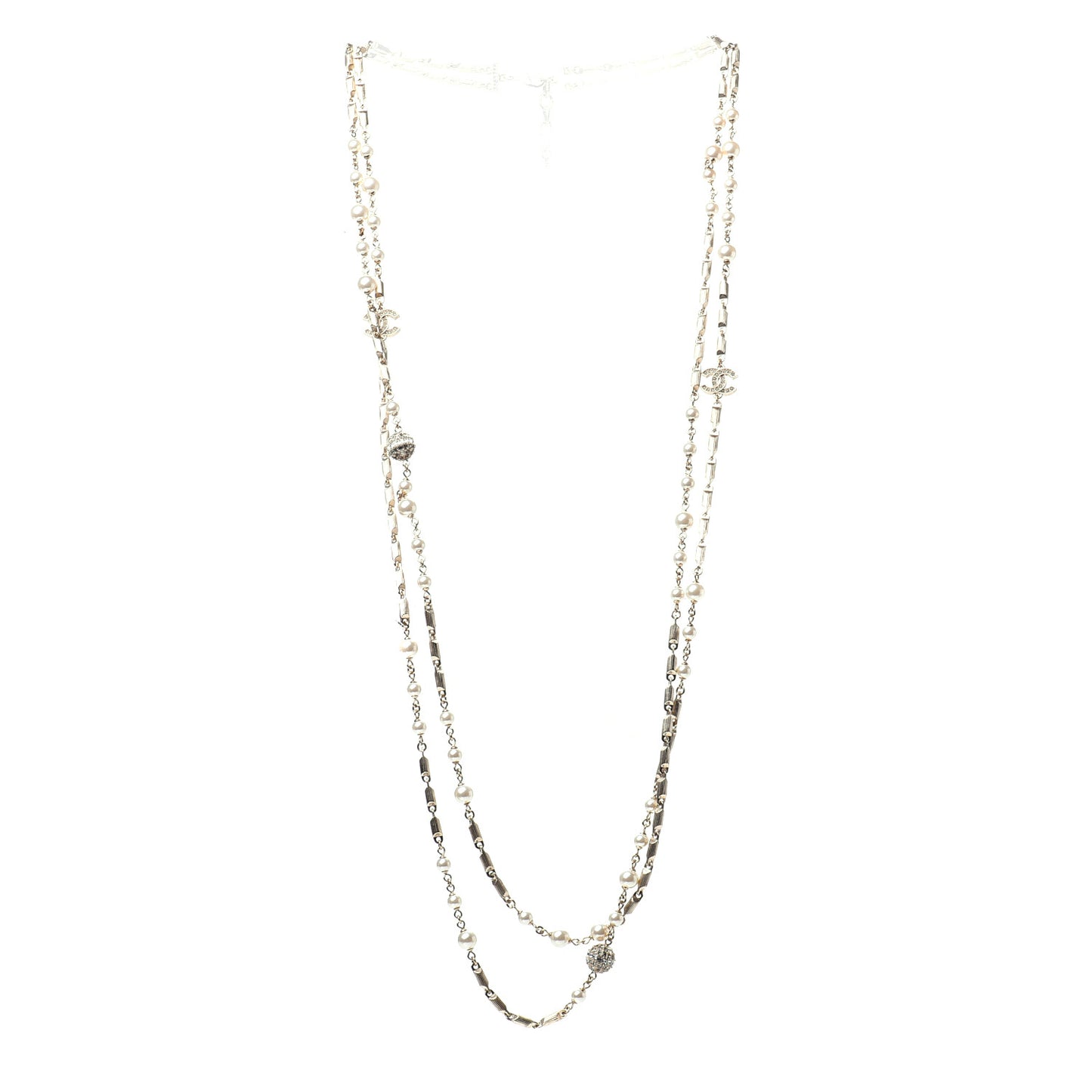 Pearl Crystal CC Multi Strand Long Necklace Gold