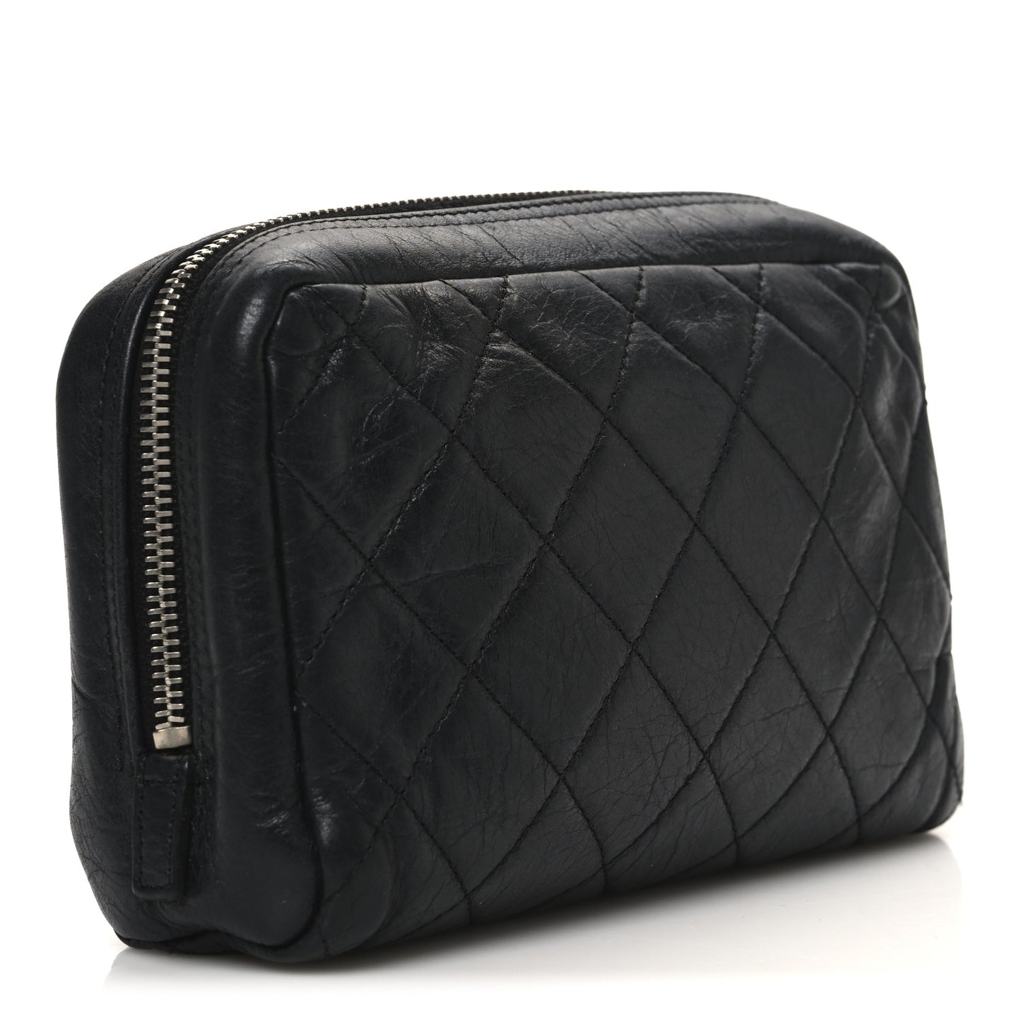 Aged Calfskin Quilted Cambon Cosmetic Case Black