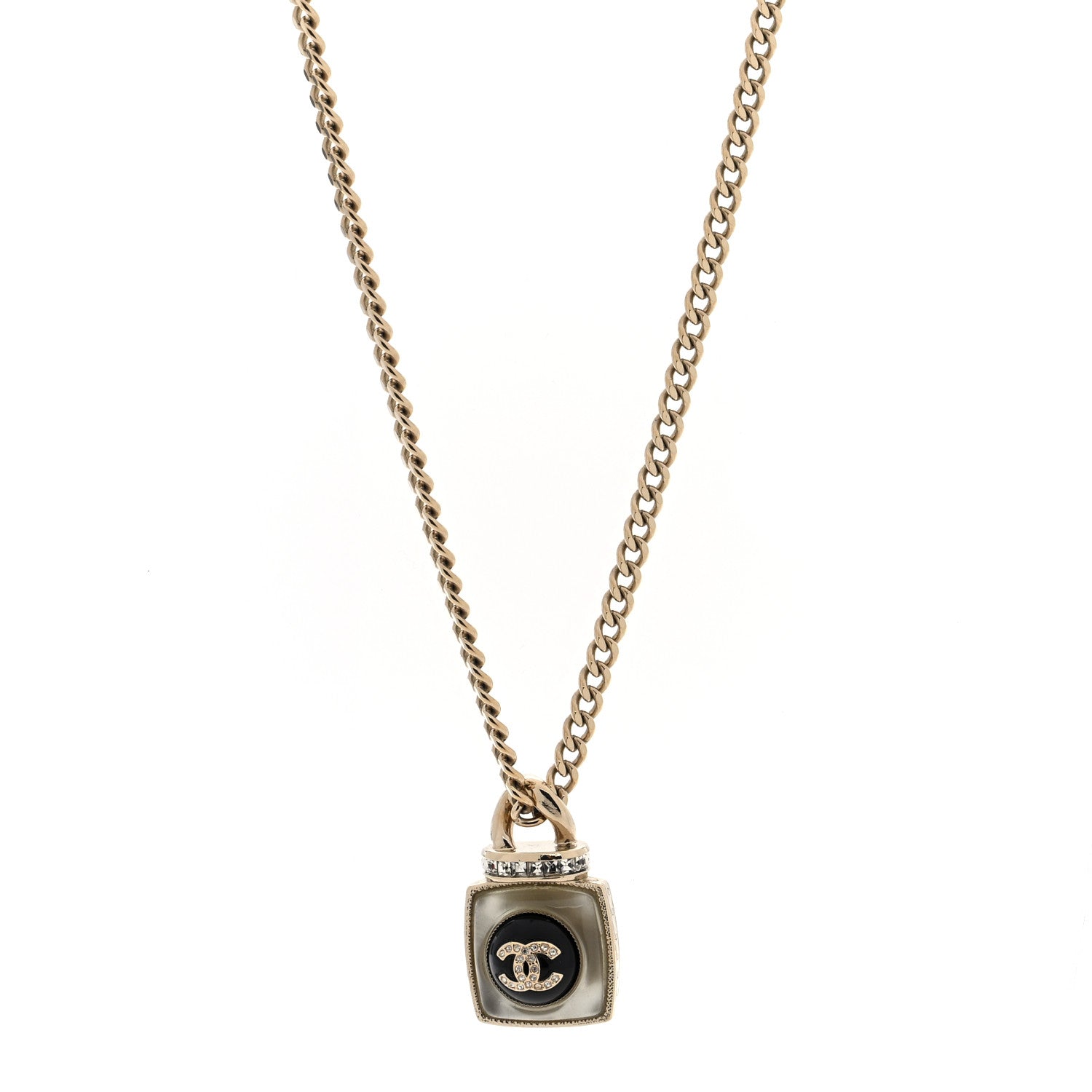 Chanel Crystal Resin CC Perfume Bottle Necklace Gold 1 of 5
