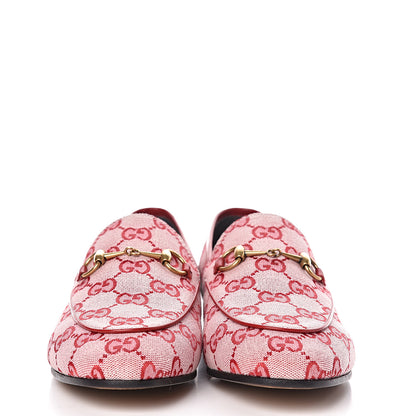 Gucci Canvas GG Monogram Horsebit Womens Jordaan Loafers 38.5 Gardenia Hibiscus Red 2 of 9