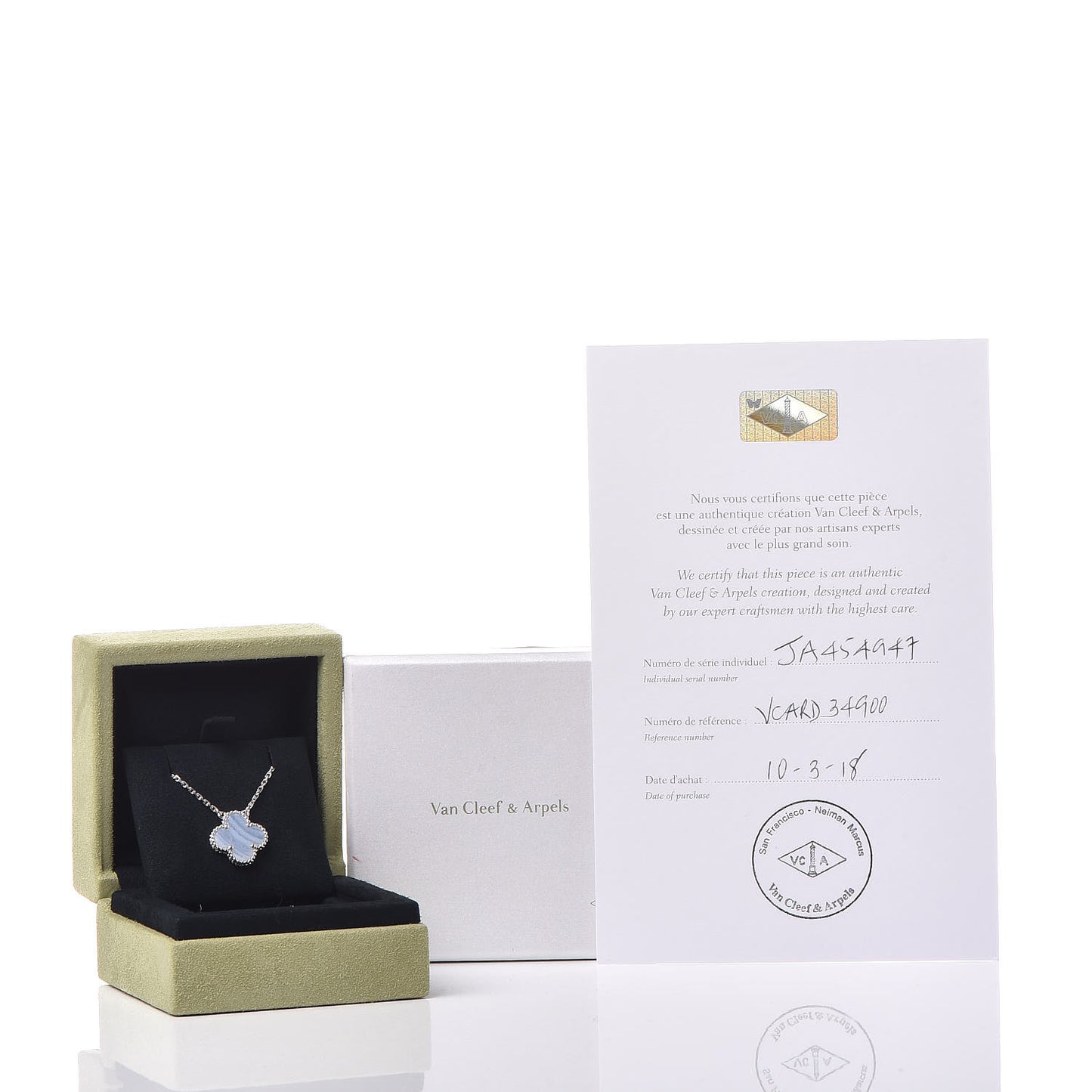 18K White Gold Chalcedony Vintage Alhambra Pendant Necklace