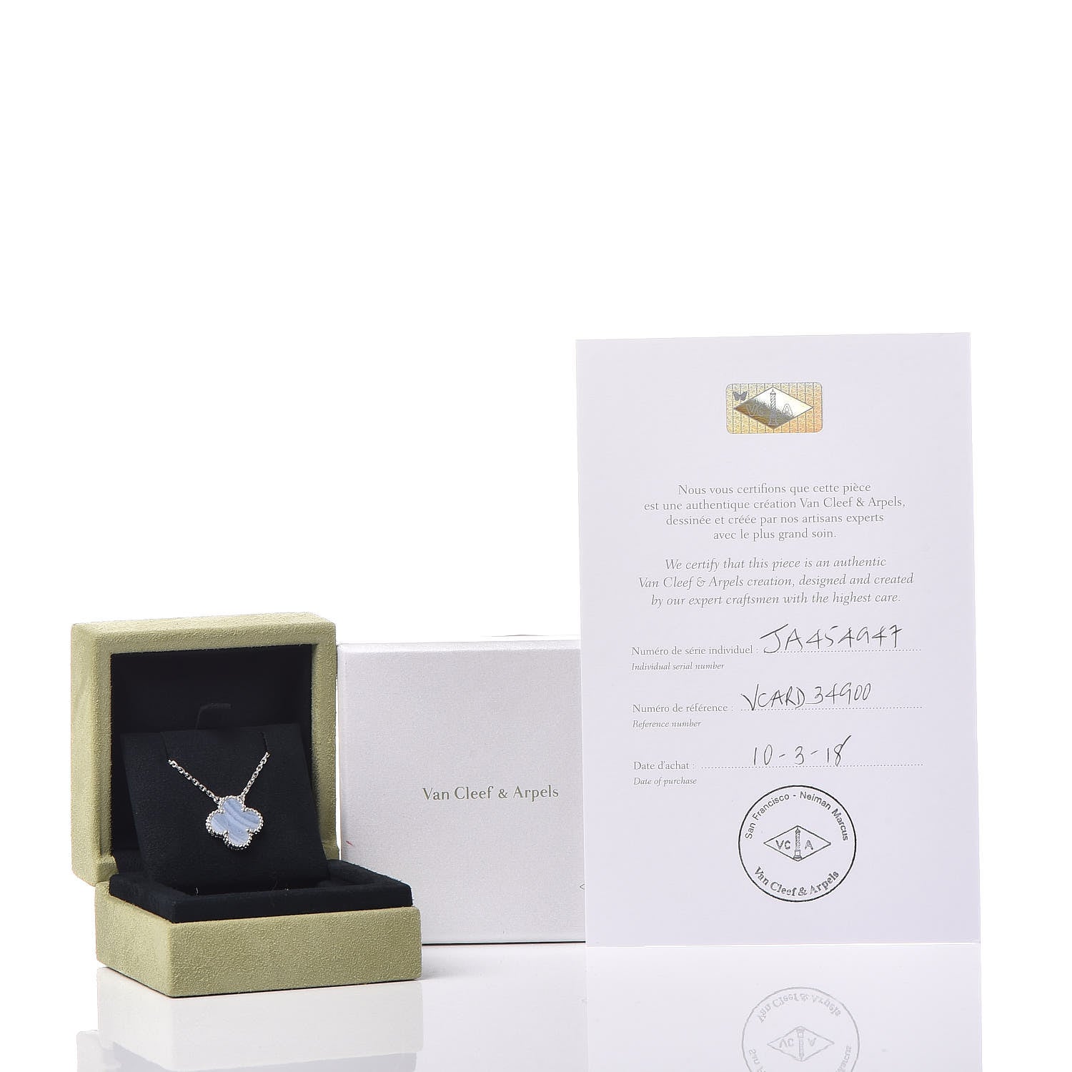 Van Cleef & Arpels 18K White Gold Chalcedony Vintage Alhambra Pendant Necklace 8 of 8