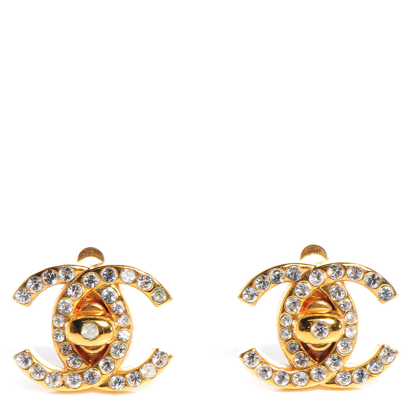 Crystal CC Turnlock Clip On Earrings Gold