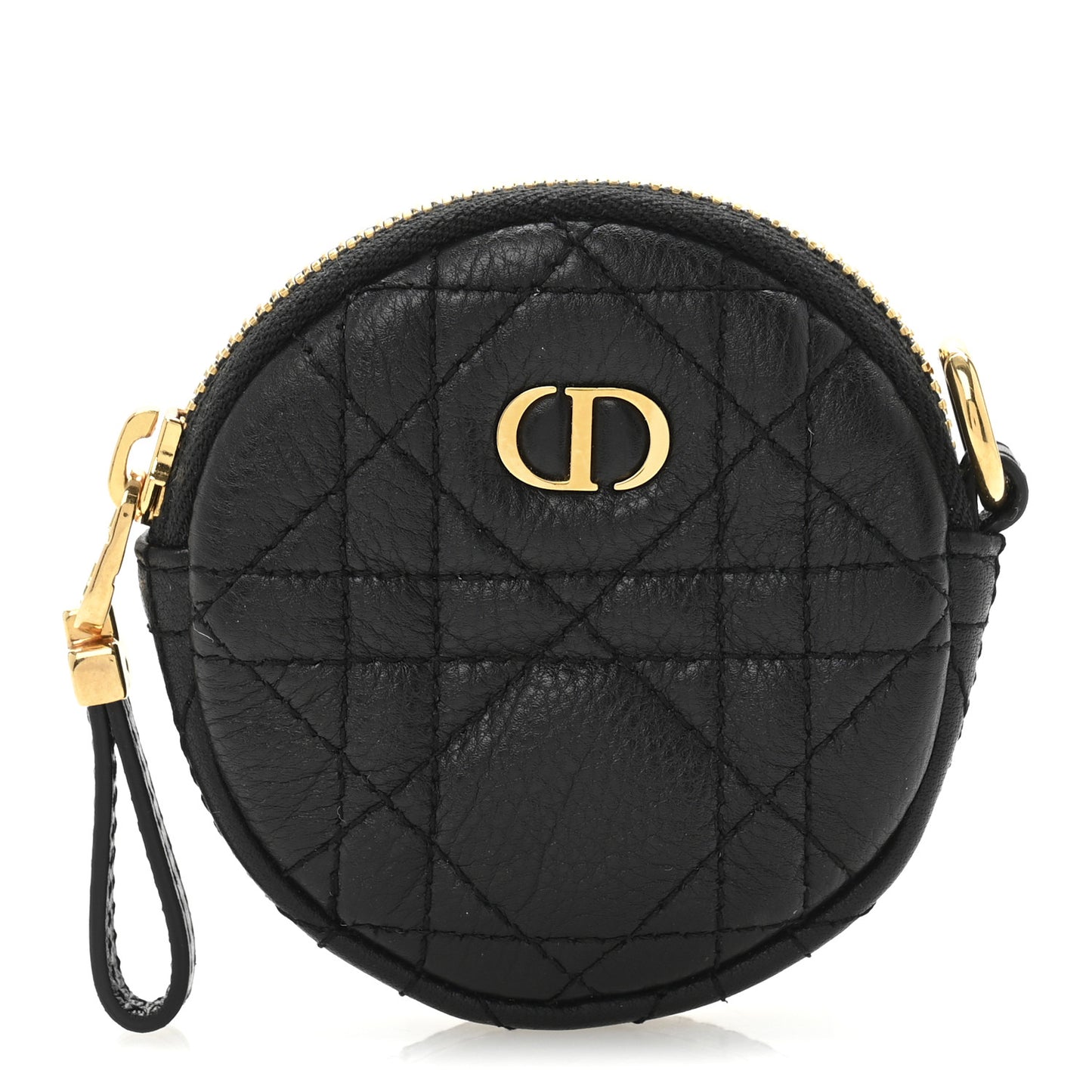 Supple Calfskin Cannage Round Detachable Caro Coin Purse Black