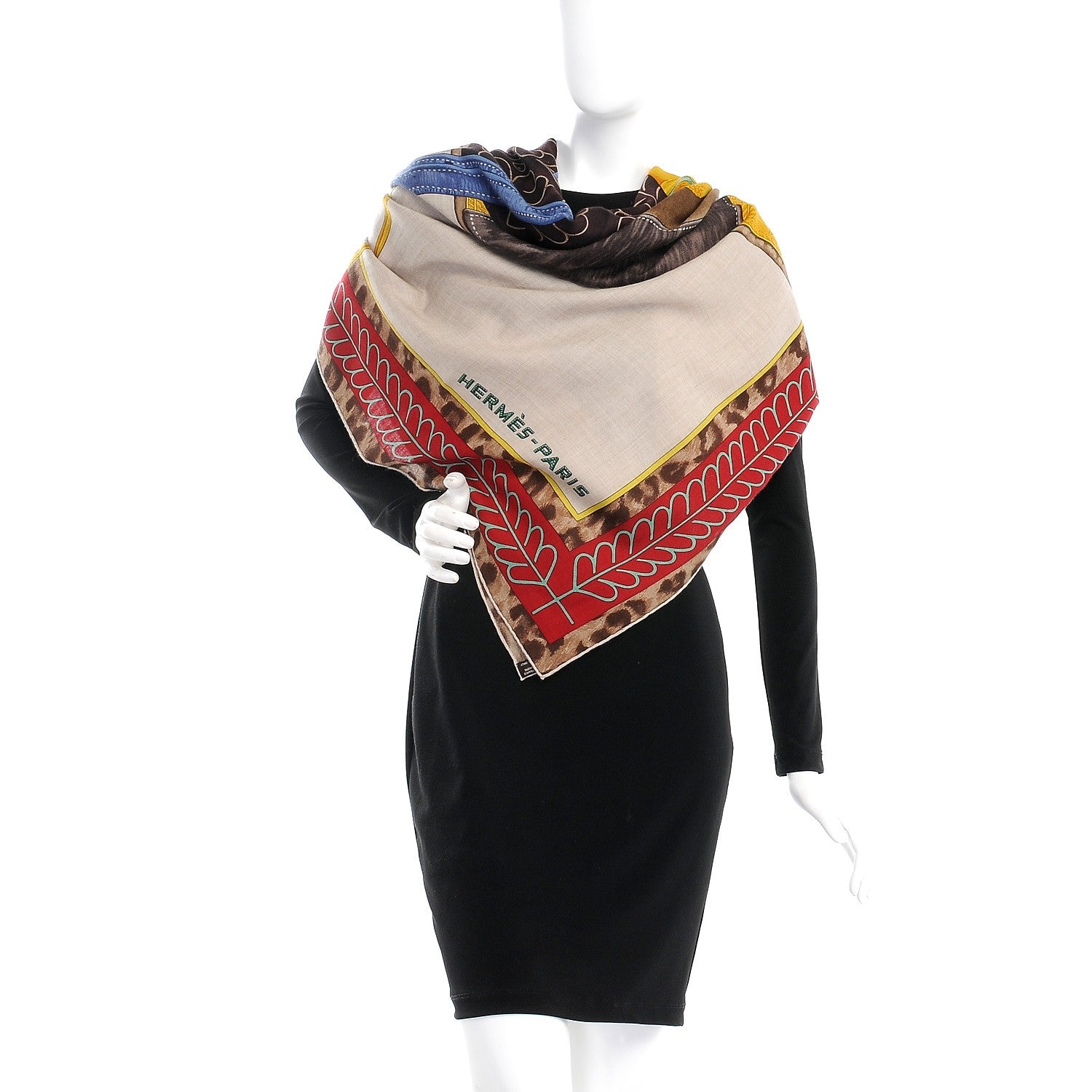 Hermes Cashmere Silk Selle d'Officier En Grande Tenue Shawl 140 Naturel Marron Rouge 2 of 5
