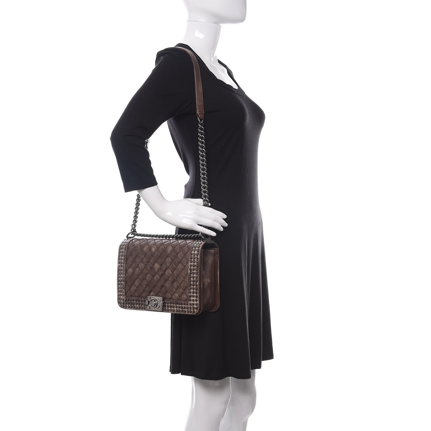 Chanel Faded Calfskin Quilted Large Studded Boy Flap Brown Beige 2 of 11
