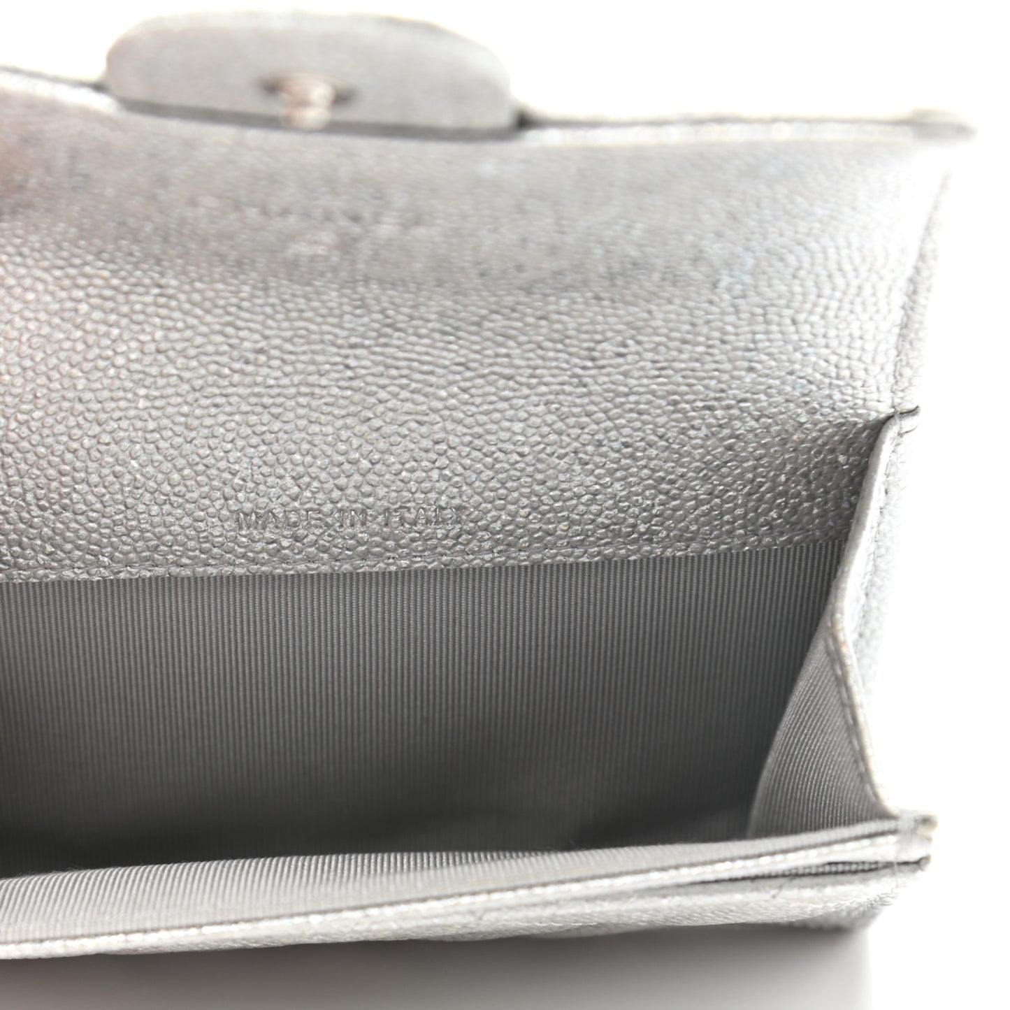 Glittered Metallic Caviar Quilted Flap Card Holder Wallet Silver