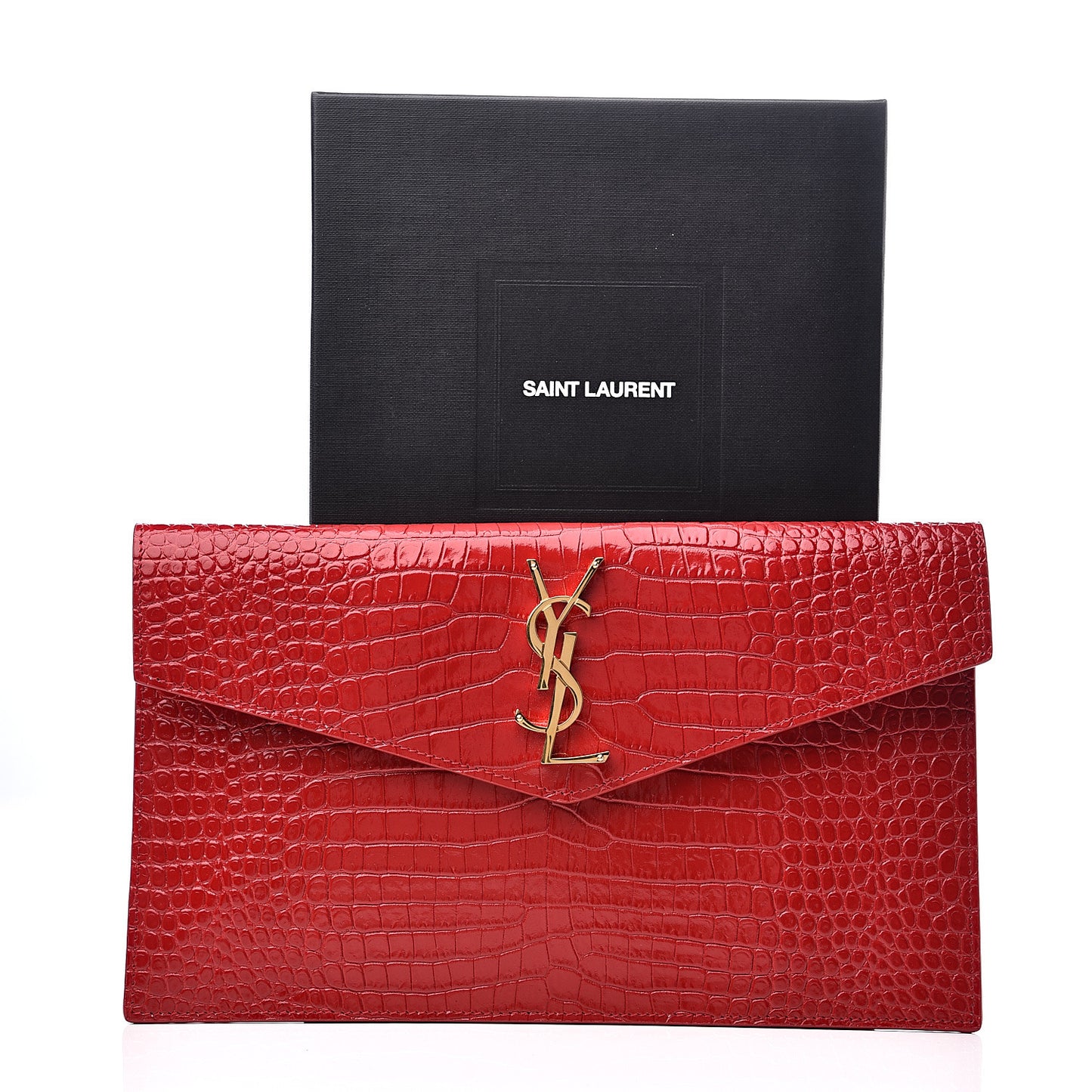 Calfskin Crocodile Embossed Uptown Monogram Clutch Rouge Eros