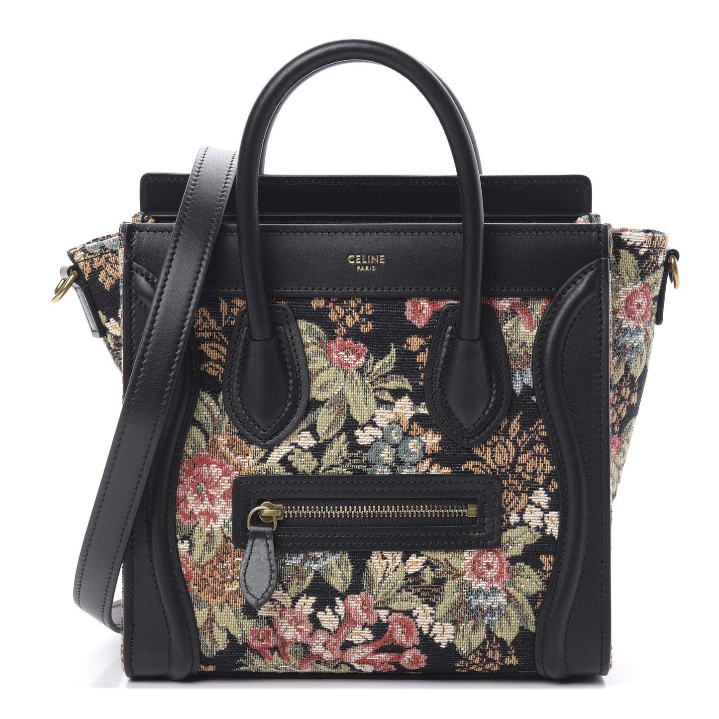 Calfskin Lambskin Canvas Jacquard Floral Nano Luggage Black
