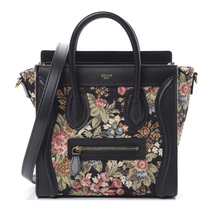 Celine Calfskin Lambskin Canvas Jacquard Floral Nano Luggage Black 1 of 12