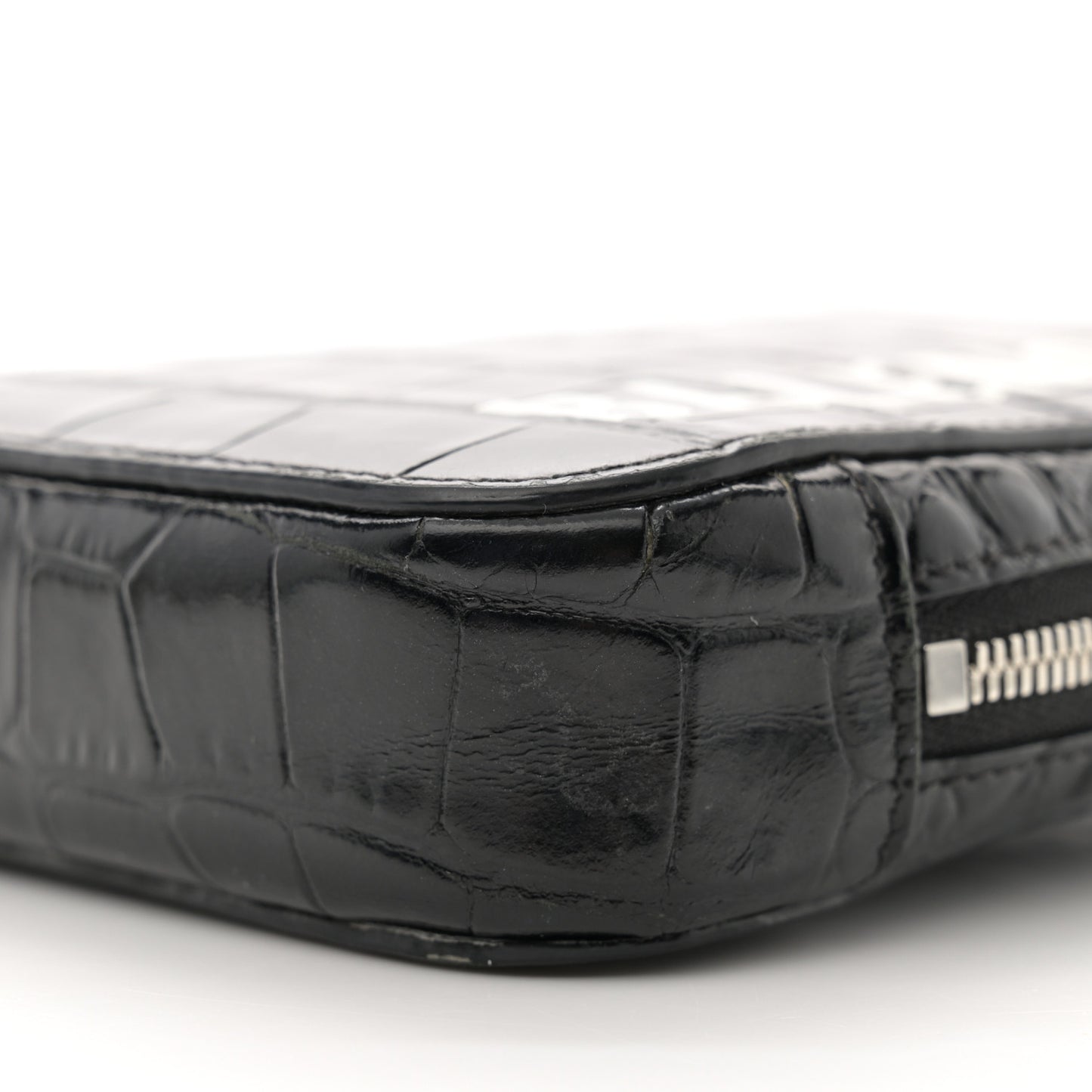 Shiny Calfskin Logo Crocodile Embossed Cash Phone Holder Bag Black White