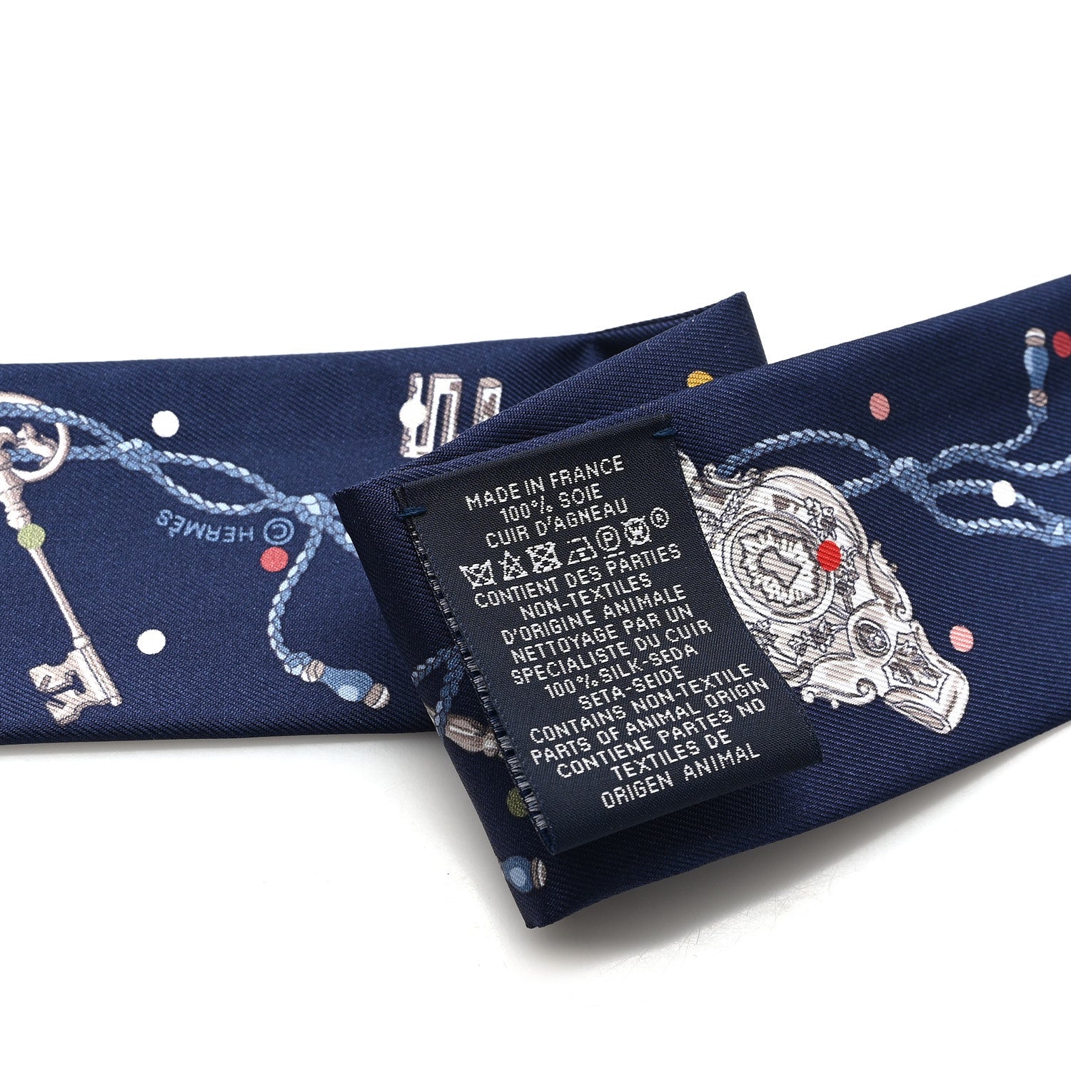 Hermes Silk Metallic Agneau Les Cles A Pois Fringed Twilly Bleu Marine Gris Argent Multicolor 3 of 3