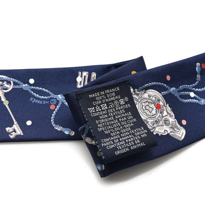 Hermes Silk Metallic Agneau Les Cles A Pois Fringed Twilly Bleu Marine Gris Argent Multicolor 3 of 3