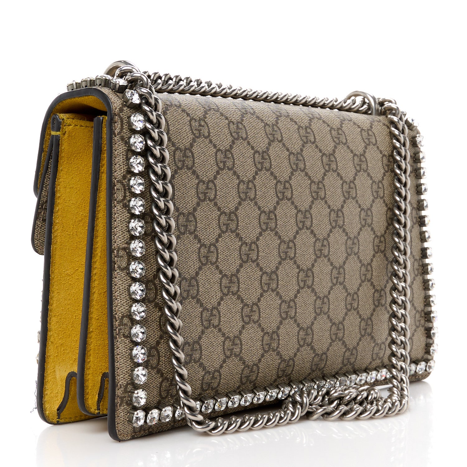 Gucci GG Supreme Monogram Suede Crystal Small Dionysus Shoulder Bag Beige Ebony Yellow 3 of 15