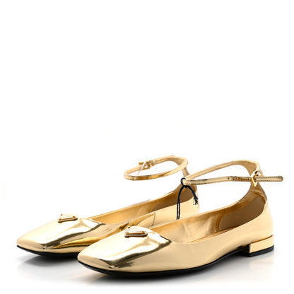 Prada Metallic Calfskin Metal Triangle Logo Ankle Strap Ballerinas 37 Platino 3 of 13