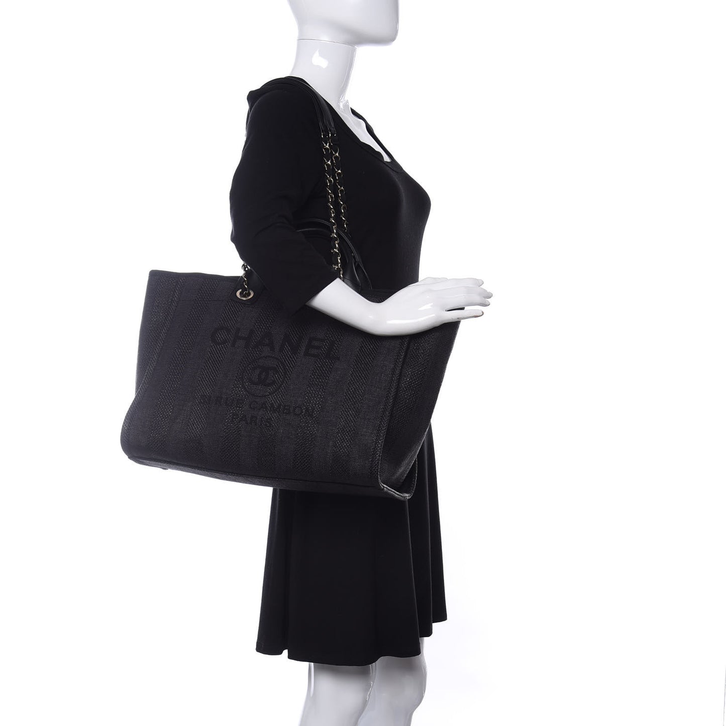 Mixed Fibers Calfskin Striped Medium Deauville Tote Black