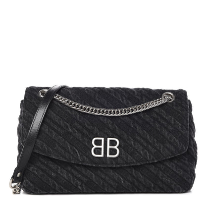 Balenciaga Destroyed Denim Jacquard Logo Matelasse M BB Round Shoulder Bag Black 1 of 12