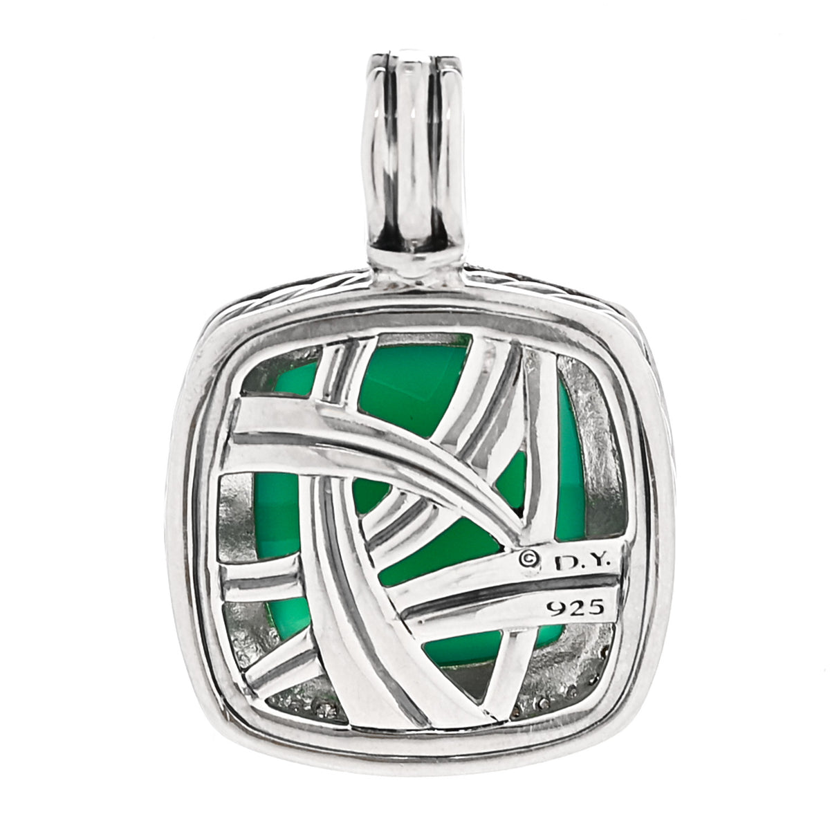 Sterling Silver Diamond Green Onyx 16mm Albion Pendant Necklace