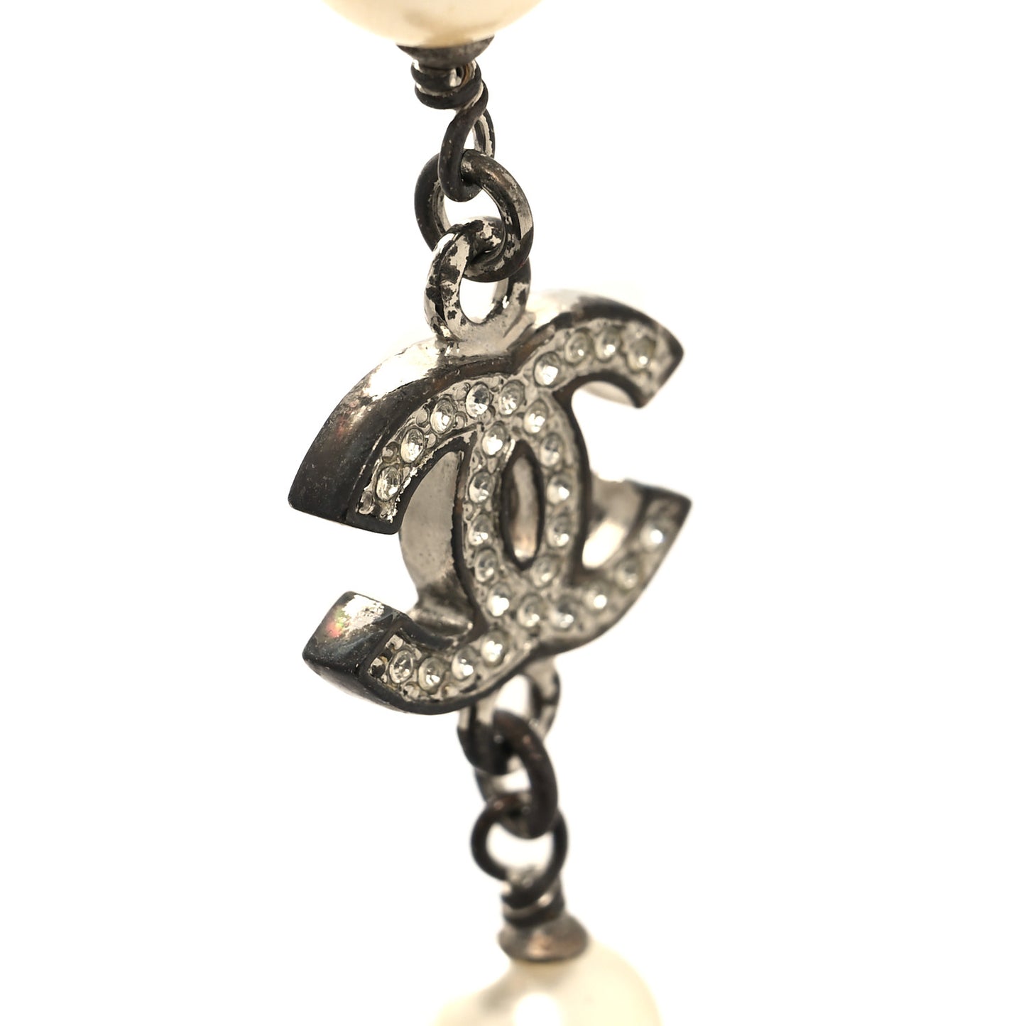 Crystal Pearl CC Long Necklace Silver
