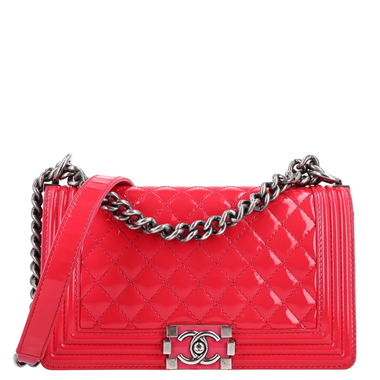 Patent Calfskin Enamel Quilted Medium Boy Flap Dark Pink