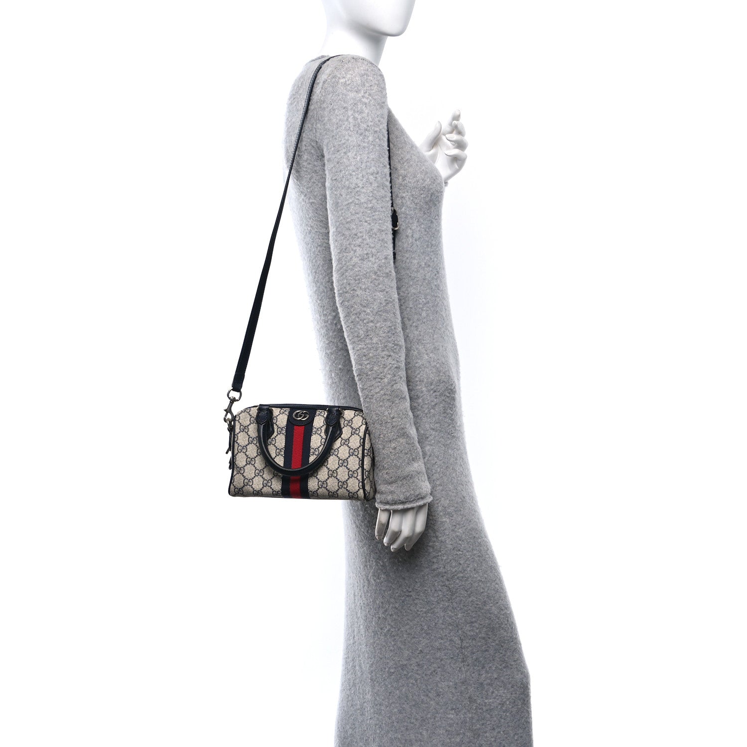 Gucci GG Supreme Monogram Textured Dollar Calfskin Web Mini Ophidia Top Handle Bag Beige Blue 2 of 10