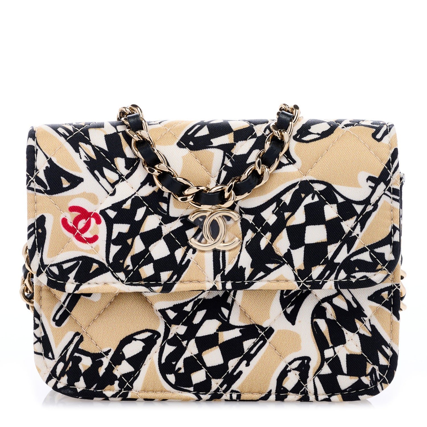 Chanel Canvas Check Flag Printed CC Clutch With Chain Beige Multicolor 1 of 9