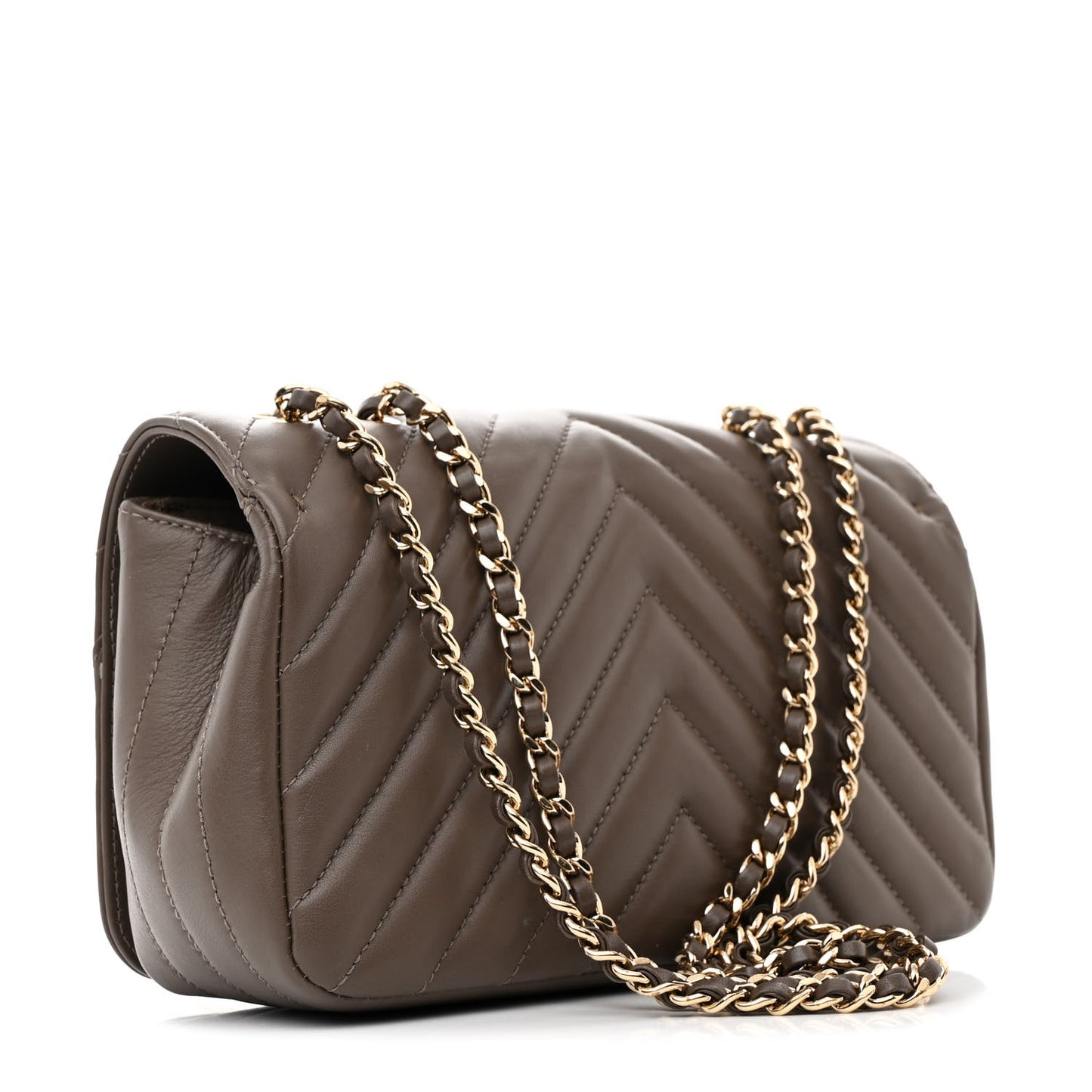 Calfskin Chevron Quilted Mini Statement Flap Khaki
