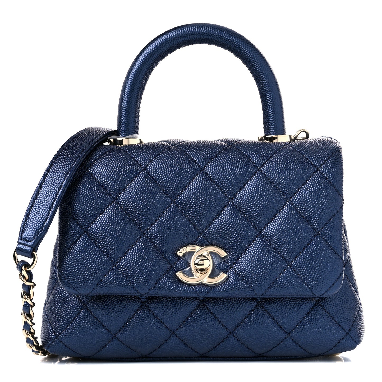 Iridescent Caviar Quilted Extra Mini Coco Handle Flap Dark Blue