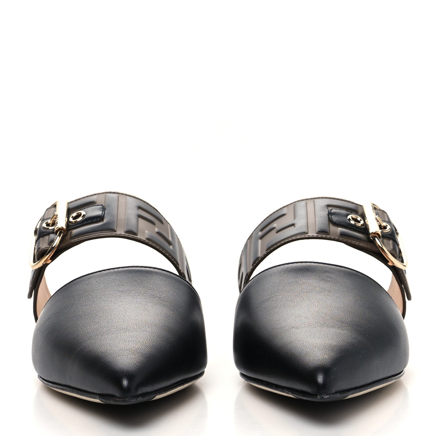 Fendi Vitello FF Embossed Buckle Flat Mules 38 Maya Black 2 of 7