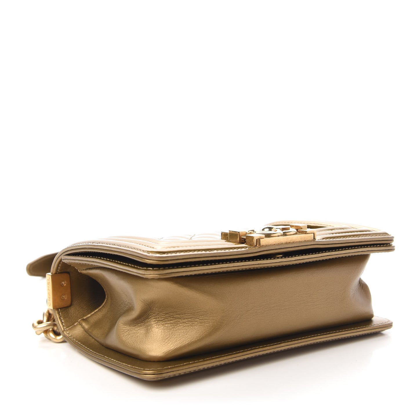 Metallic Patent Calfskin Quilted Small Boy Flap Gold