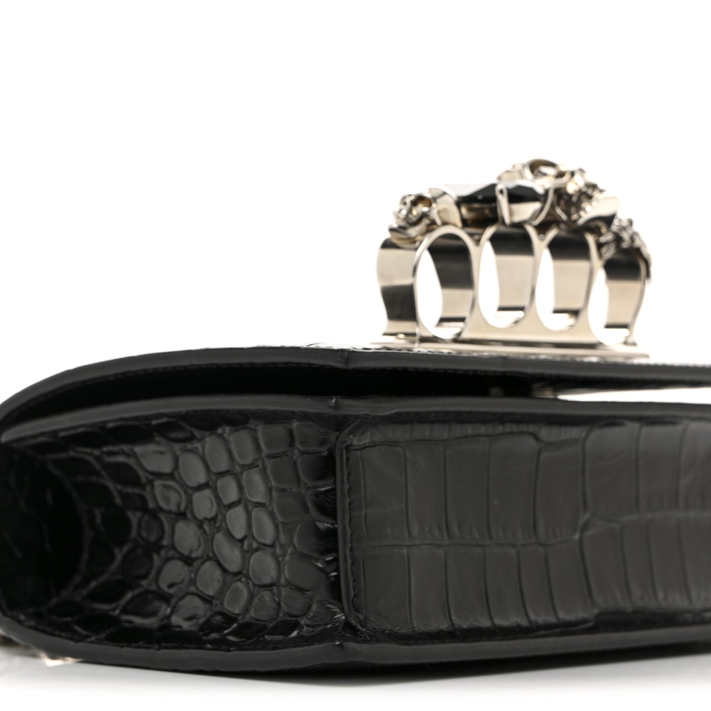 Shiny Calfskin Crocodile Embossed Mini Jeweled Satchel  Black