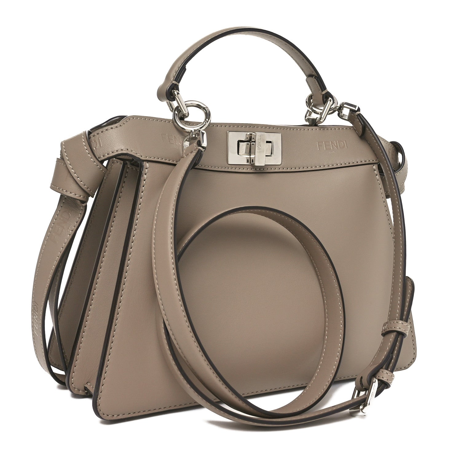Fendi Vitello Seta Shiny Nappa Logo Embossed Laces Small Peekaboo I SEE U Satchel Tortora 3 of 10