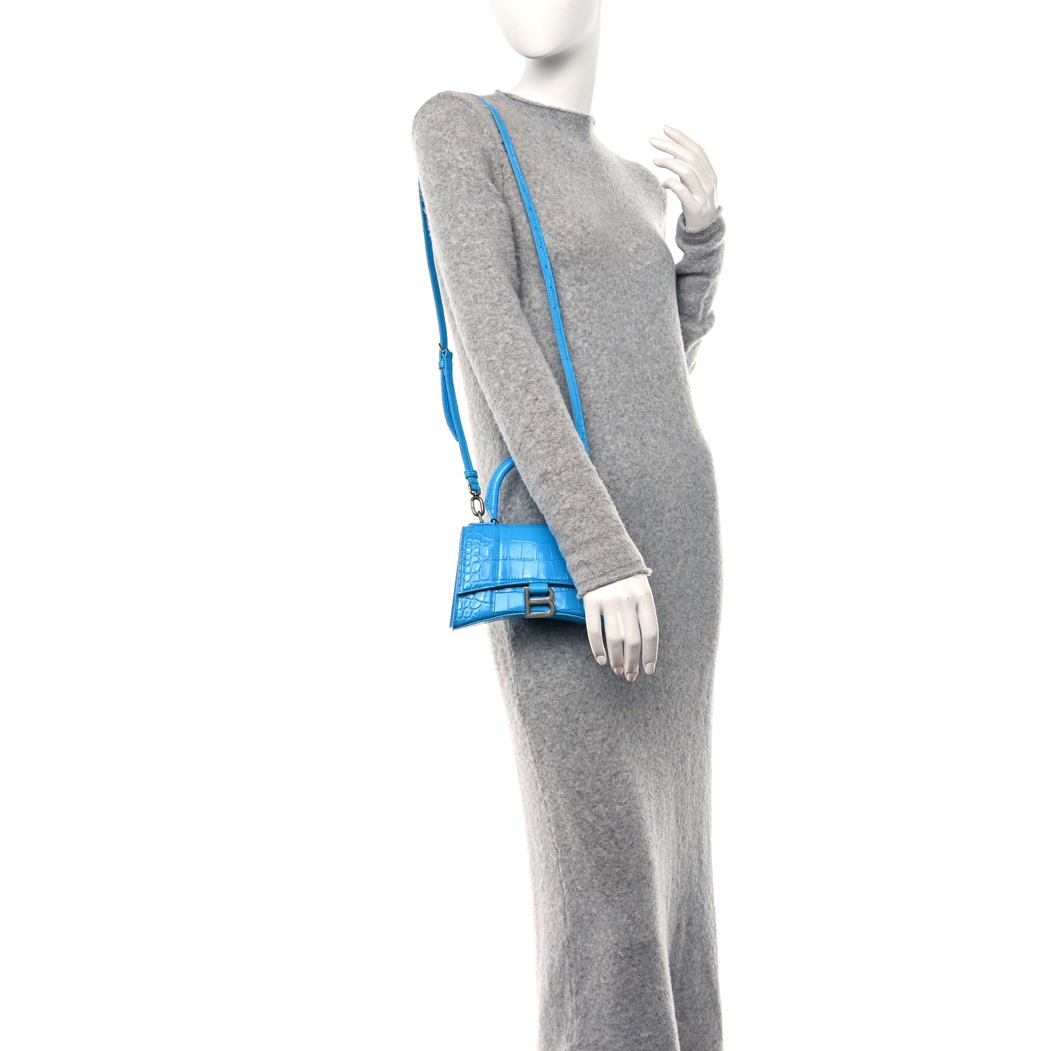 Balenciaga Shiny Calfskin Crocodile Embossed Hourglass Top Handle Bag XS Cyan 2 of 11