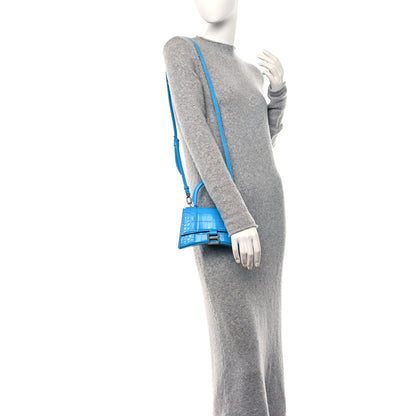 Balenciaga Shiny Calfskin Crocodile Embossed Hourglass Top Handle Bag XS Cyan 2 of 11