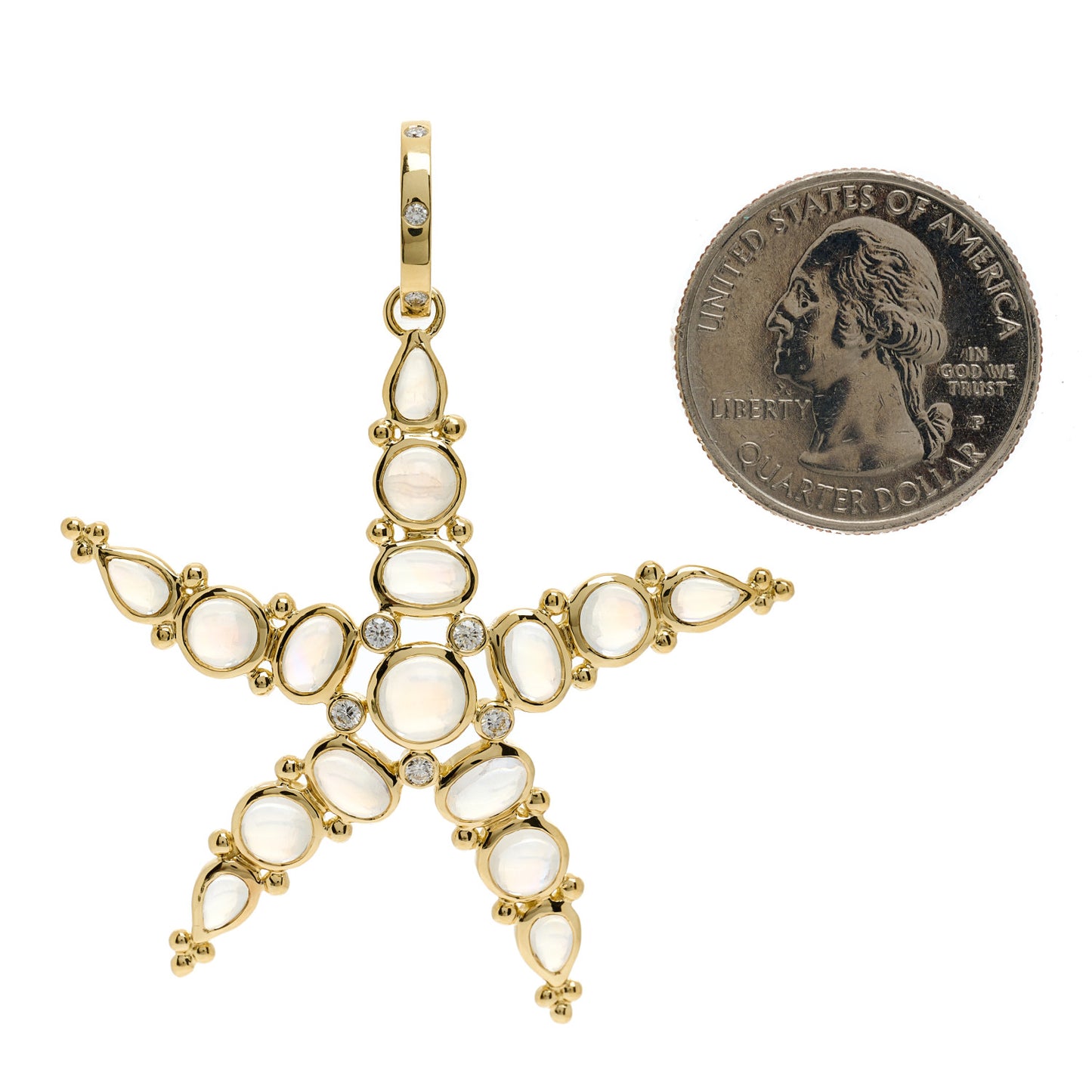 18K Yellow Gold Diamond Blue Moonstone Large Sea Star Pendant