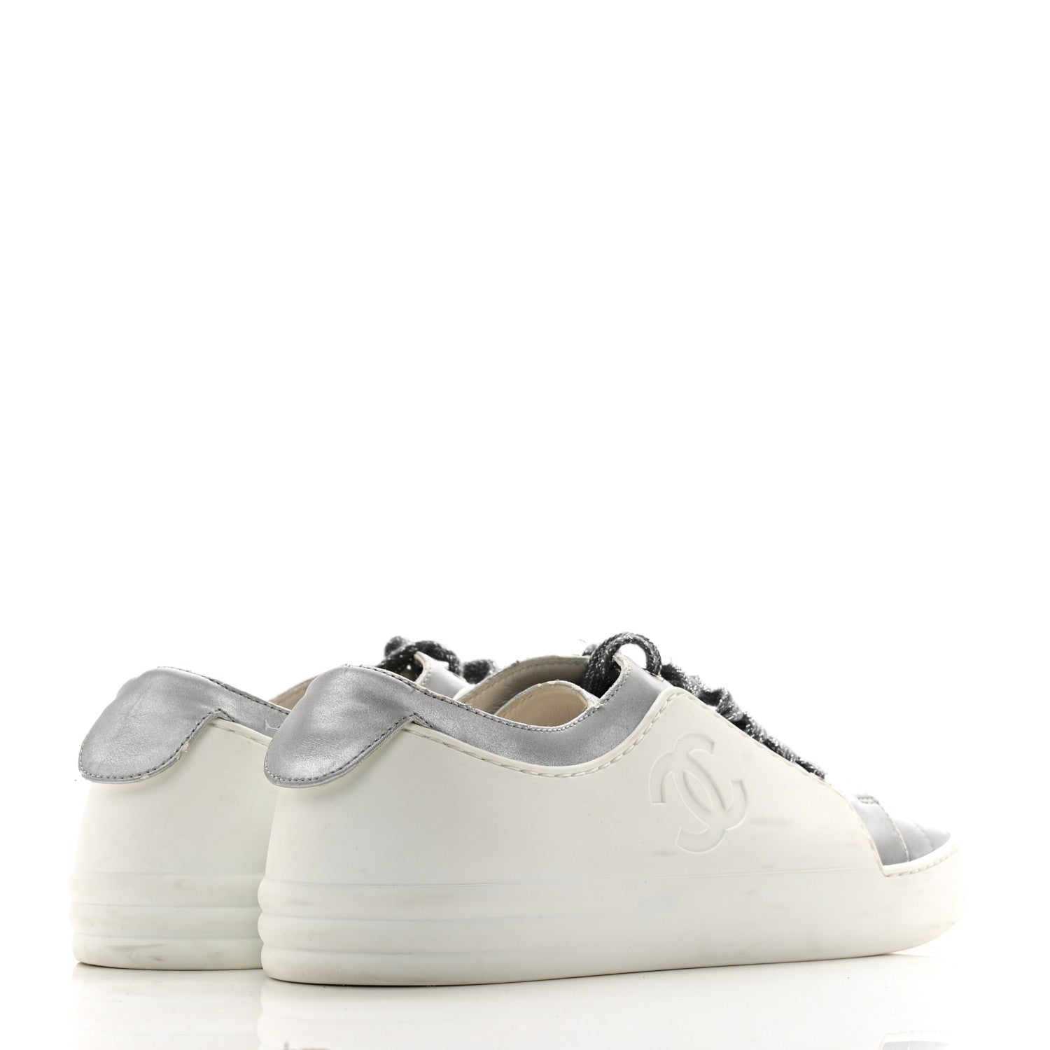 Chanel Calfskin Velvet Womens CC Sneakers 39.5 White Silver 4 of 9