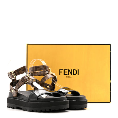 Fendi Vernice High-Tech Glazed Fabric FF Lug Sole Platform Sandals 39 Black Tobacco Moro 11 of 11