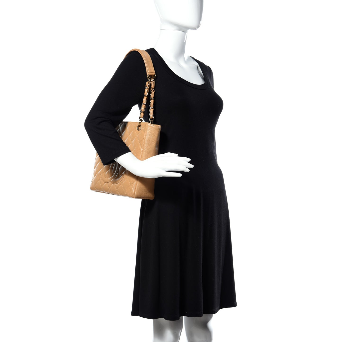 Caviar Quilted Petit Shopping Tote PST Dark Beige