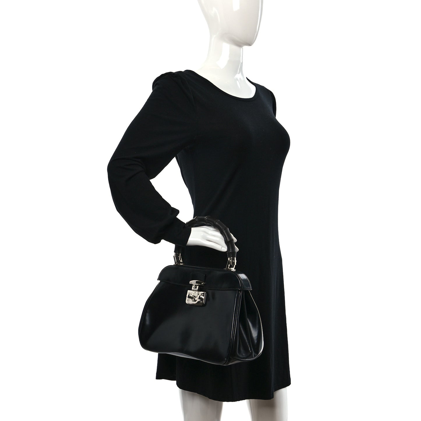 Regent Calfskin Bamboo Medium Lady Lock Top Handle Bag Black