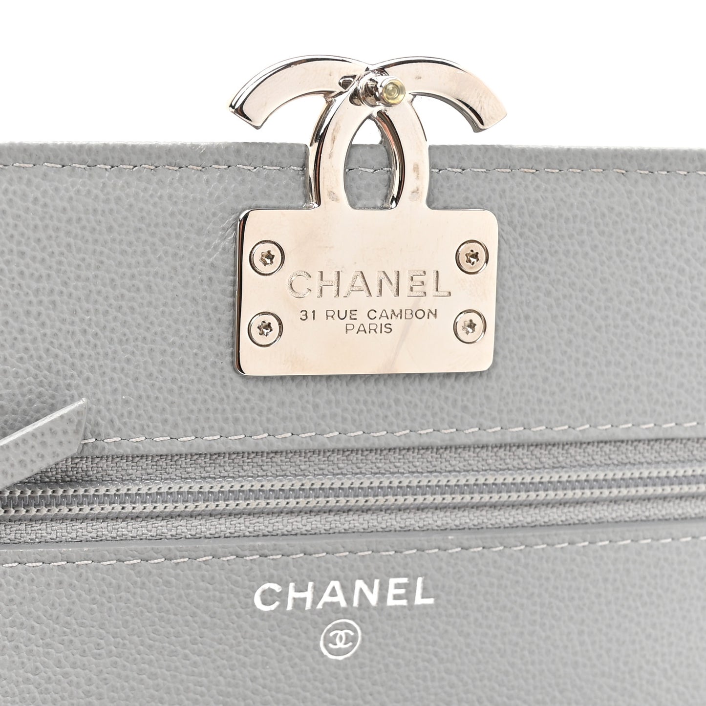 Grained Calfskin Quilted CC Box Wallet On Chain WOC Grey