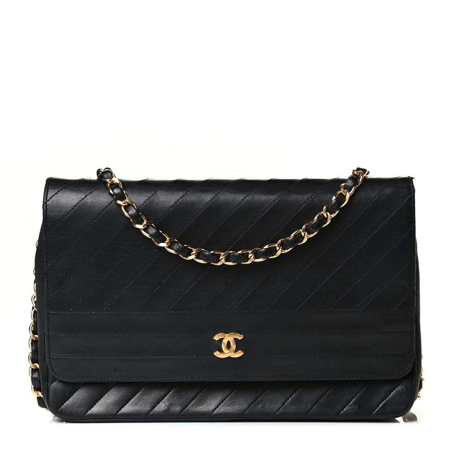 Lambskin Diagonal Quilted Small Single Flap Black